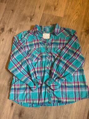 Sonoma Teal Plaid Button-Down Shirt with Pink Accents